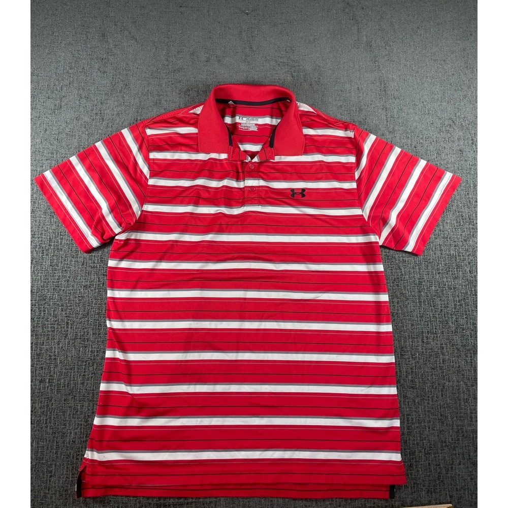 Under Armour Mens 2XL HeatGear Striped Polo Shirt Red White Grey Loose Fit Golf